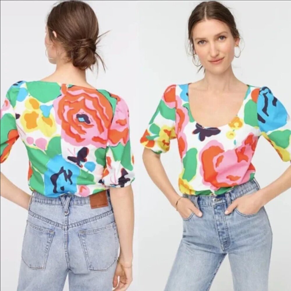 J. Crew White Green Yellow Red Multicolor Floral Butterfly Scoop Neck Cotton Top